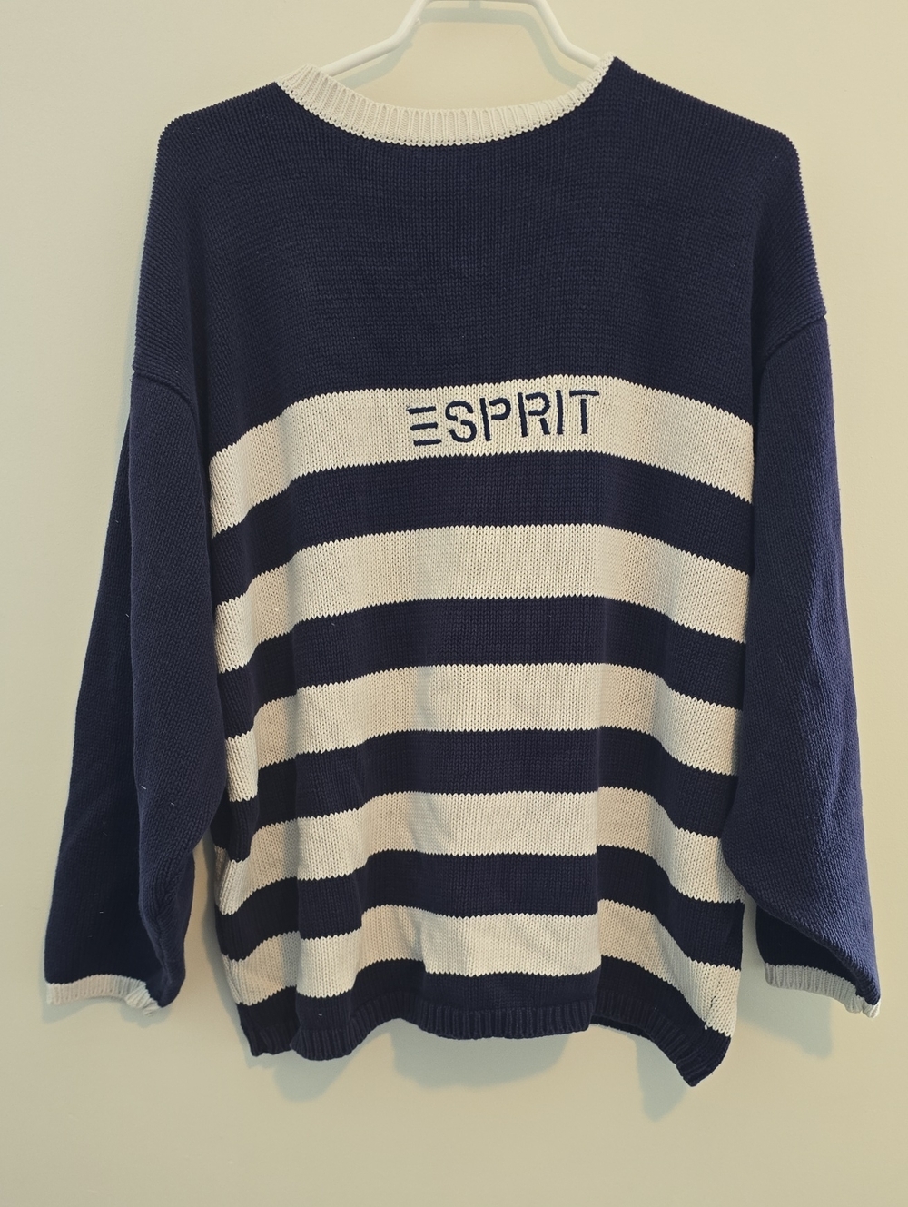 Vintage Esprit Men's Navy and White Striped Crewneck Sweater 100% Cotton